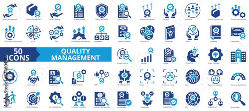 Quality management icon collection set. Containing product, service, improvement, achieve, planning, assurance, customer icon. Simple flat vector.
