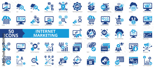 Internet marketing icon collection set. Containing seo, sem, content, influencer, campaign, social media, automation icon. Simple flat vector.