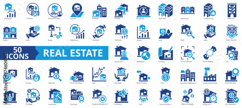 Real estate icon collection set. Containing property, personal, location, buildings, housing, residential, apartment icon. Simple flat vector.