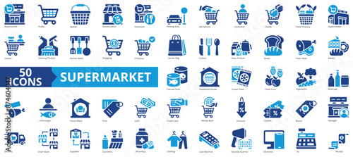 Supermarket icon collection set. Containing trolley, basket, grocery store, grocerant, parking area, self service, consumer icon. Simple flat vector.