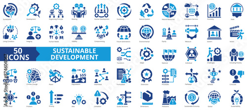 Sustainable development icon collection set. Containing organizing principle, meeting, human, services, natural system, state, living condition icon. Simple flat vector.