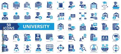University icon collection set. Containing education, research, academic, degree, discipline, bachelor, post graduate icon. Simple flat vector.