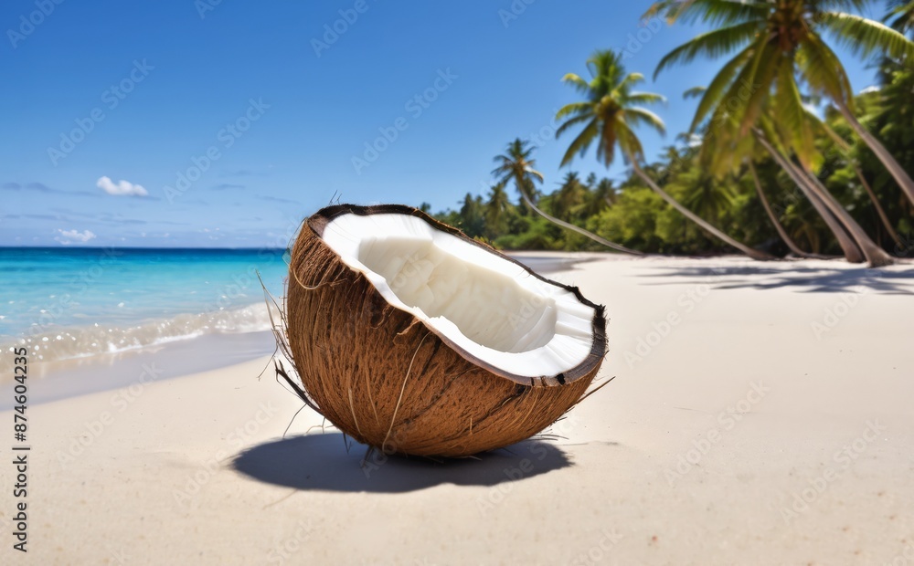 Fresh coconut lies on the sand of a tropical beach Fresh coconut lies on the sand of a tropical beach