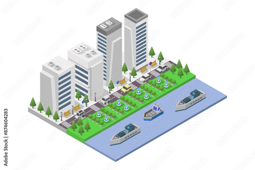 City on the river bank isometric City on the river bank isometric