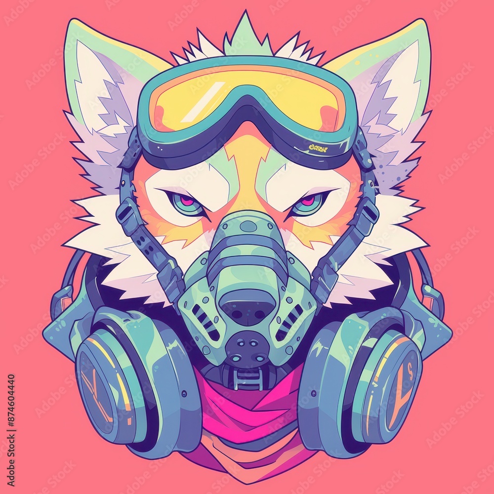 Cyberpunk style furry wolf with a gas mask, goggles, and headphones. Concept of dystopian future, technology, and rebellion. Cyberpunk style furry wolf with a gas mask, goggles, and headphones. Concept of dystopian future, technology, and rebellion.
