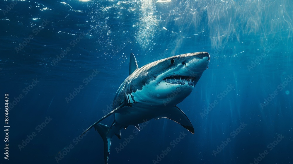 Fototapeta premium majestic giant shark gracefully gliding in the deep blue sea, symbolizing the awe-inspiring beauty of underwater wildlife