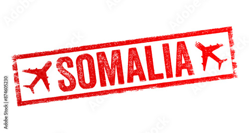 Somalia - is the easternmost country in continental Africa, text emblem stamp with airplane