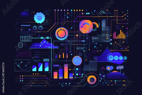  ig data technology and data science illustration. Data flow concept. Querying, analysing, visualizing complex information. Neural network for artificial intelligence. Data mining. Business analytics