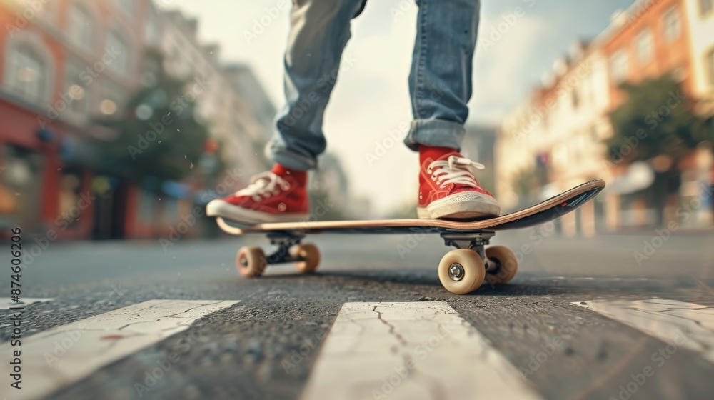 Obraz premium Skateboarder's feet on the board In the middle of playing in the city The focus is on the feet. and expertly maneuver your skateboard against the backdrop of the cityscape.