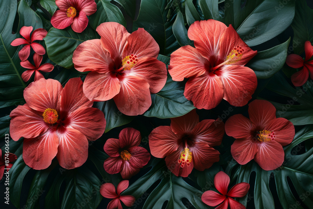 custom made wallpaper toronto digitalTropical vintage floral palm leaves red hibiscus flower seamless pattern black background Exotic jungle wallpaper
