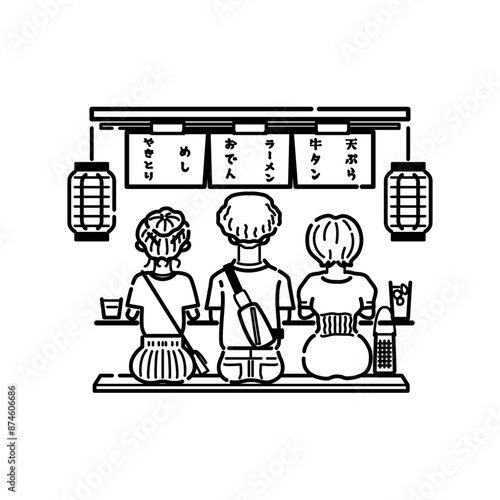 日本　福岡　屋台のイラスト（線画）