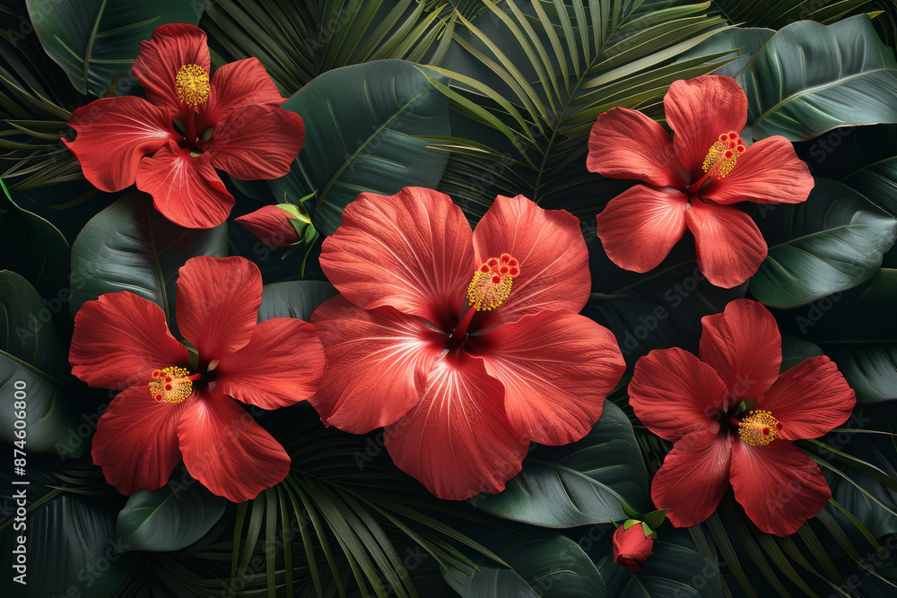 custom made wallpaper toronto digitalTropical vintage floral palm leaves red hibiscus flower seamless pattern black background Exotic jungle wallpaper
