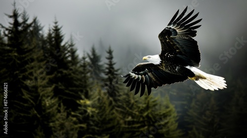 A majestic eagle soaring over a pristine forest with a keen gaze searching for its prey capturing the beauty and power of wildlife in action photo