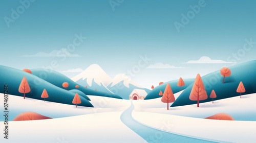 Snowy landscape with blue mountains and a winding path illustration.
