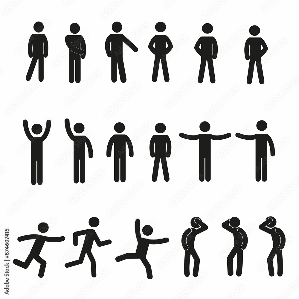 icons of a human figure, a set of silhouettes of human figures, pictograms, various gestures and poses, a man standing, running, flat illustration icons of a human figure, a set of silhouettes of human figures, pictograms, various gestures and poses, a man standing, running, flat illustration