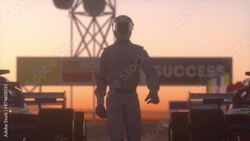 Racing driver pilot walk between two race cars. Car Racing Concept