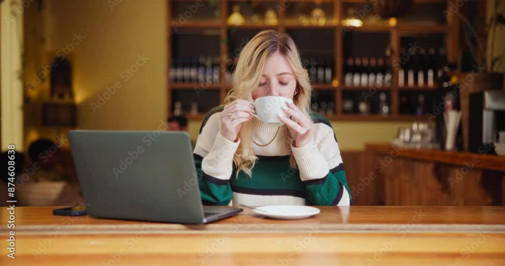 Woman, laptop and drinking coffee at cafe as freelancer for remote work, enjoy and relax. Female person, restaurant and tea with aroma for fresh or warm beverage as journalist or blogger for website Woman, laptop and drinking coffee at cafe as freelancer for remote work, enjoy and relax. Female person, restaurant and tea with aroma for fresh or warm beverage as journalist or blogger for website