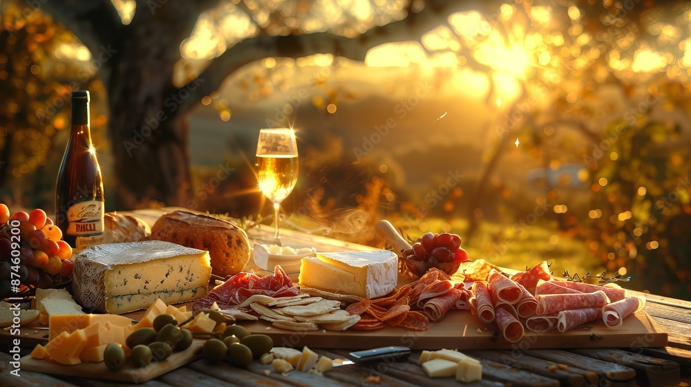 A lovely table filled with cheese and meats outside as the sun sets A lovely table filled with cheese and meats outside as the sun sets