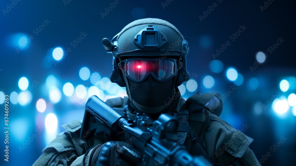 A soldier in full tactical gear stands in front of a blurred cityscape at night, holding a rifle. The soldier's goggles reflect red light. The soldier's face is mostly obscured by a black mask. A soldier in full tactical gear stands in front of a blurred cityscape at night, holding a rifle. The soldier's goggles reflect red light. The soldier's face is mostly obscured by a black mask.