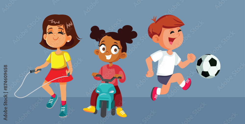 Happy Kids Playing Together Vector Cartoon Illustration. Friends trying different outdoor activities staying healthy and active
Happy Kids Playing Together Vector Cartoon Illustration. Friends trying different outdoor activities staying healthy and active