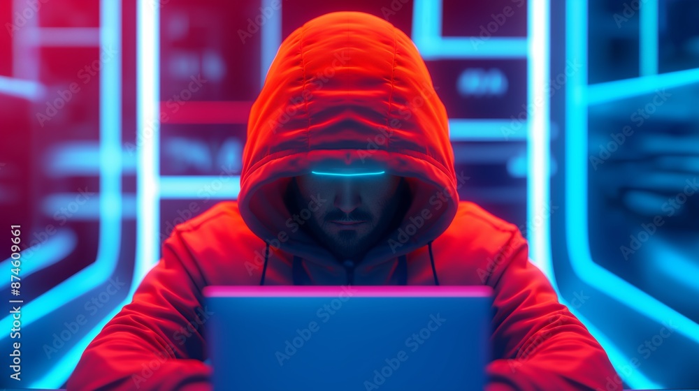 A person wearing a red hoodie sits in front of a laptop, with their face obscured by the hood. A person wearing a red hoodie sits in front of a laptop, with their face obscured by the hood.