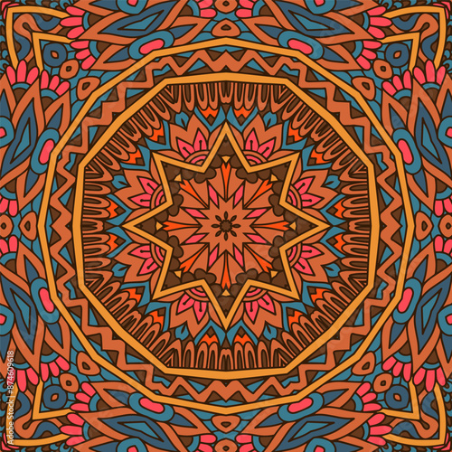 Abstract Festive Mandala vintage indian textile ethnic seamless pattern ornamental. Vector colorful aztec geomertric art background