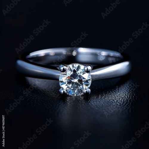 Elegant solitaire diamond engagement ring on black background. Close-up of classic style jewelry. Perfect for luxury, wedding, or catalog use. High-resolution image designed to showcase brilliance. AI