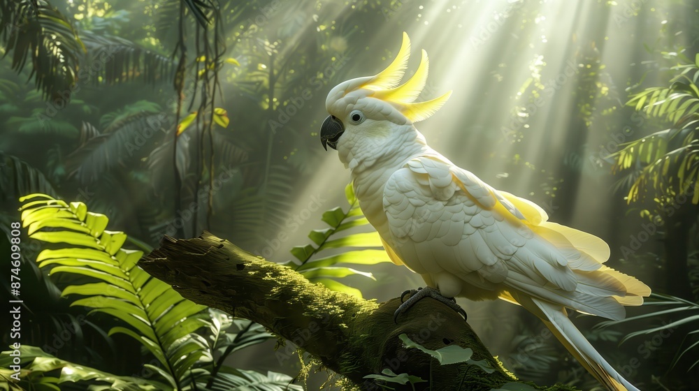 A white cockatoo perches on a mossy branch in a sunlit, lush tropical rainforest, surrounded by vibrant green foliage and rays of sunlight. A white cockatoo perches on a mossy branch in a sunlit, lush tropical rainforest, surrounded by vibrant green foliage and rays of sunlight.