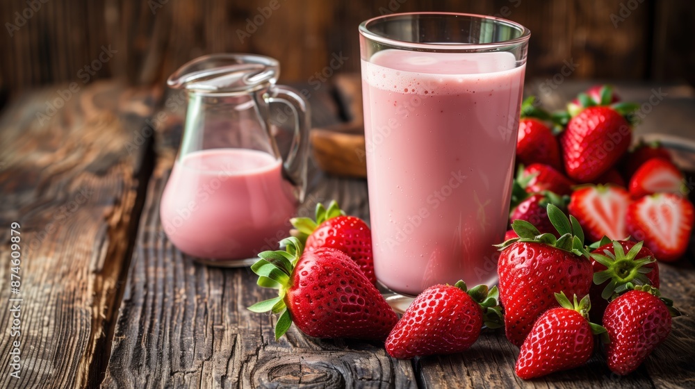 Fresh strawberry smoothie in a glass with a jug of strawberry milk on a rustic wooden table surrounded by ripe strawberries. Fresh strawberry smoothie in a glass with a jug of strawberry milk on a rustic wooden table surrounded by ripe strawberries.