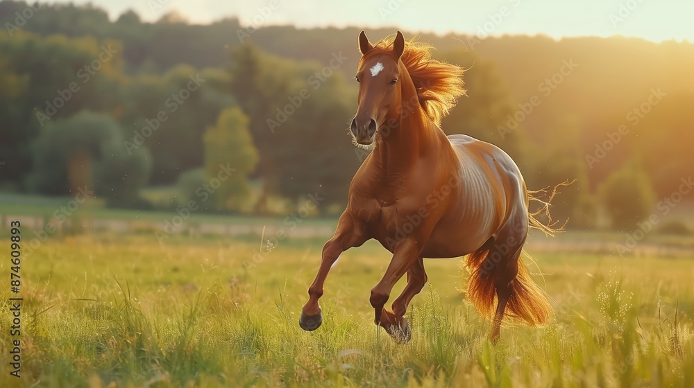 Obraz premium Majestic brown horse galloping freely in a lush green meadow during a beautiful sunset, with trees and hills in the background.