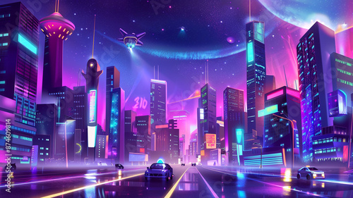 Futuristic Urban Scene with Towers and Neon Lights
