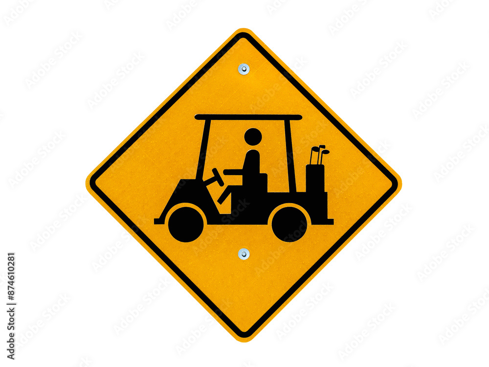 Golf cart crossing caution road sign isolated with clipping path. Golf cart crossing caution road sign isolated with clipping path.