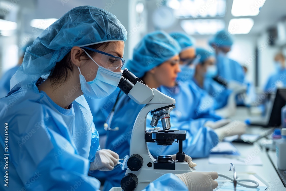 Medical technicians Doctor looking at the microscope Medical technicians Doctor looking at the microscope