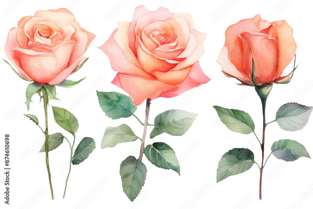 Watercolor clip art with three pink roses isolated on transparent background Watercolor clip art with three pink roses isolated on transparent background