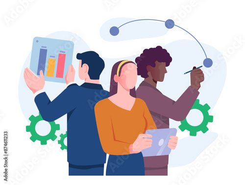 Business Teamwork. Group of entrepreneurs or office employees analyzing financial business information for growth and development of company. Flat vector illustration isolated on white background