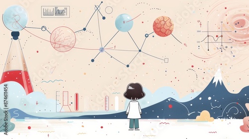 A complex infographic featuring symbols and textures designed to explain a scientific concept merging art with the dissemination of knowledge