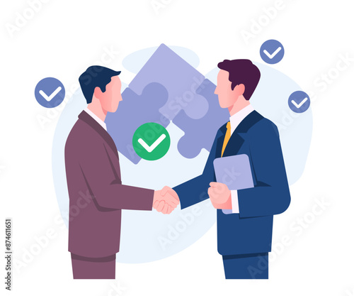 Business Teamwork. Male entrepreneurs and managers make deal, agreement or contract and shake hands. Partnership, collaboration and cooperation. Flat vector illustration isolated on white background