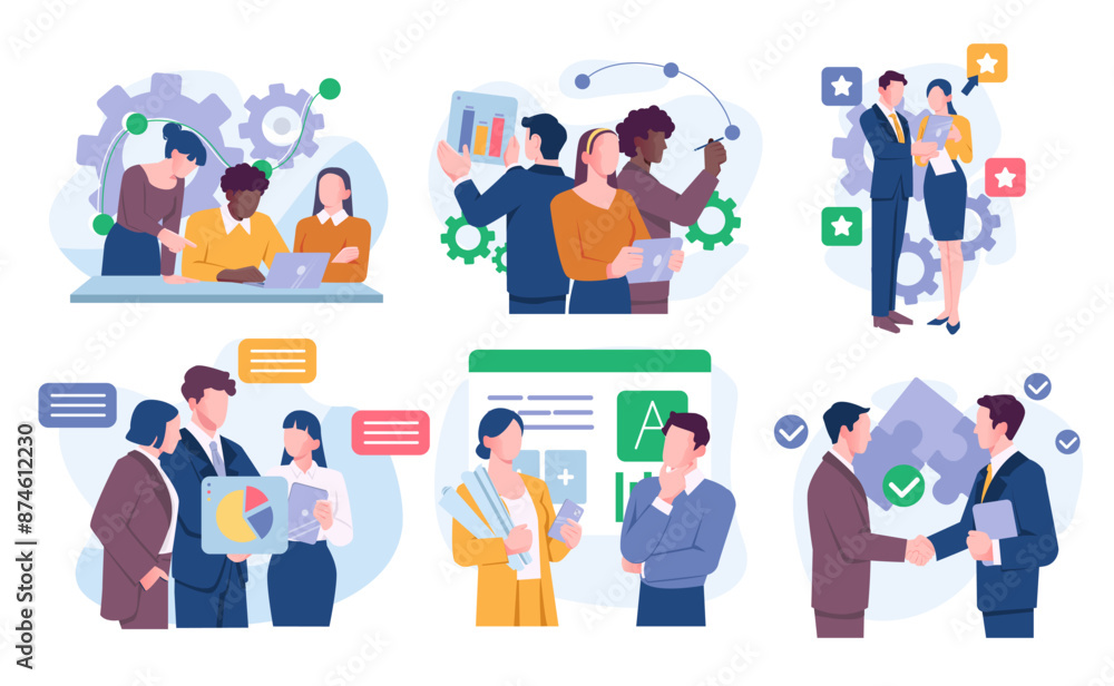 Set of business teams. Man and woman entrepreneur or office workers interacting with each other. Partnership, collaboration and business activity. Flat vector illustration isolated on white background Set of business teams. Man and woman entrepreneur or office workers interacting with each other. Partnership, collaboration and business activity. Flat vector illustration isolated on white background