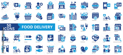 Food Delivery icon collection set. Containing retail, courier service, restaurant, store, independent, company, website icon. Simple flat vector.