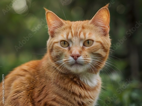 orange cat with blur background, orange cat is sitting and looking