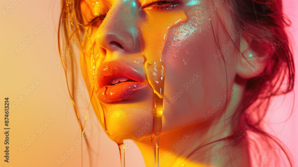 A close-up photograph of a woman's face with honey dripping over her skin, showcasing her delicate features and glossy lips, honey glistening under the light A close-up photograph of a woman's face with honey dripping over her skin, showcasing her delicate features and glossy lips, honey glistening under the light