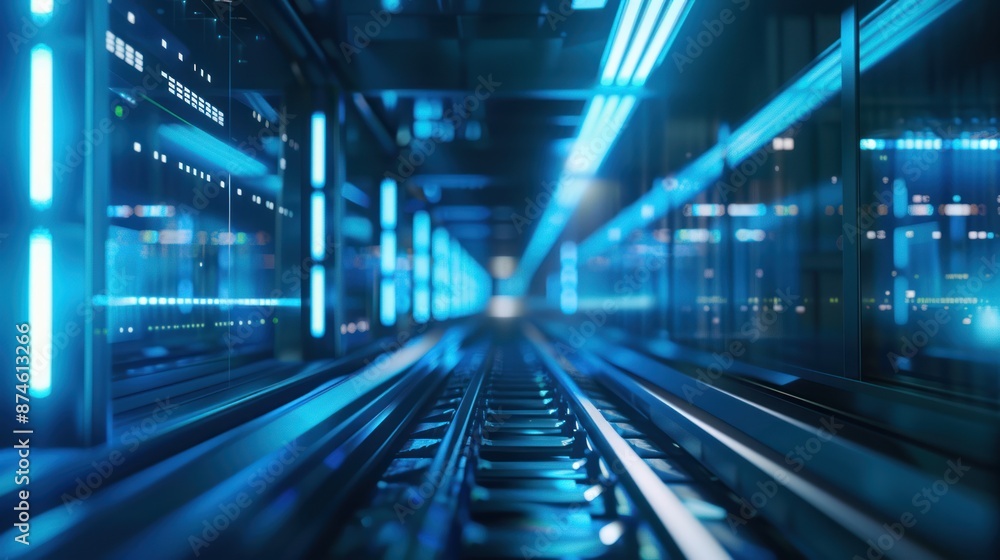 Blue-Lit Server Room Corridor with Rail Tracks Blue-Lit Server Room Corridor with Rail Tracks