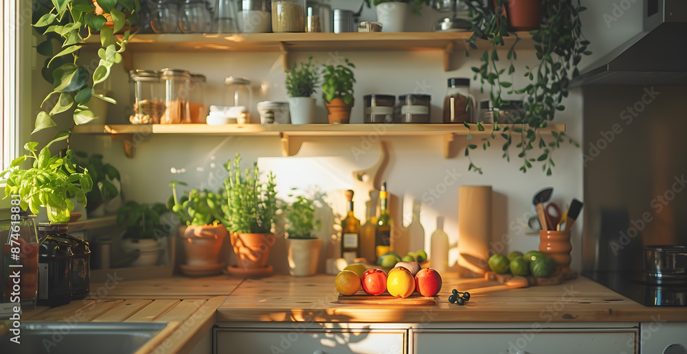 A kitchen with a countertop full of fruit and a potted plant A kitchen with a countertop full of fruit and a potted plant