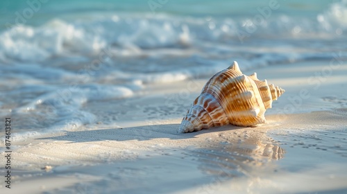 Serene beach setting with a large seashell on the sandy shore. The water gently meets the beach, creating a calm and peaceful scenery.  © Irina Ukrainets