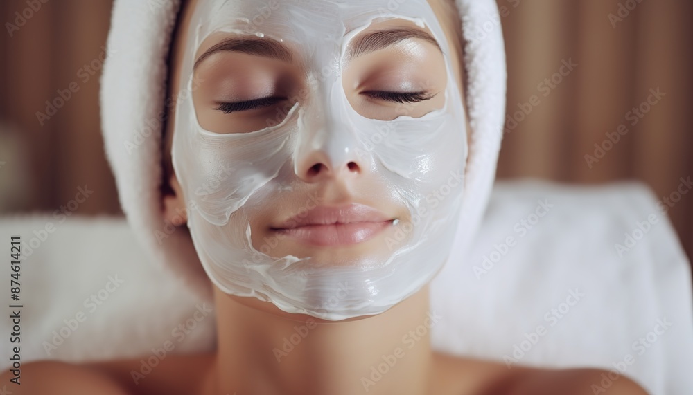 Young woman enjoying a facial mask at a spa salon, a close up portrait of a beautiful girl wearing a white towel on her head and enjoying a beauty treatment while doing skin care at home. Young woman enjoying a facial mask at a spa salon, a close up portrait of a beautiful girl wearing a white towel on her head and enjoying a beauty treatment while doing skin care at home.