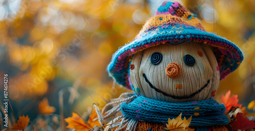 A scarecrow with a blue hat and a blue scarf is smiling