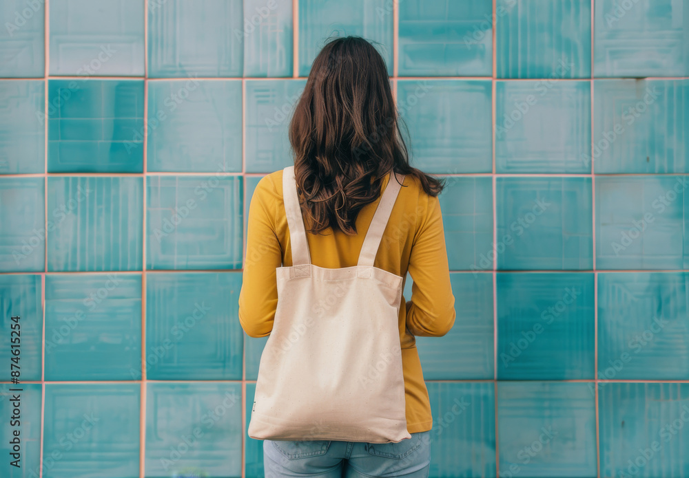 A woman carrying an oatmeal white blank tote bag. A woman carrying an oatmeal white blank tote bag.