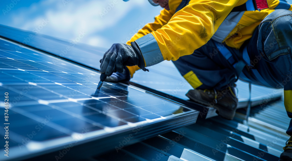 A worker installing solar panels on the roof of an industrial building, wearing safety gear and using tools to adjust a panel for stance. A worker installing solar panels on the roof of an industrial building, wearing safety gear and using tools to adjust a panel for stance.