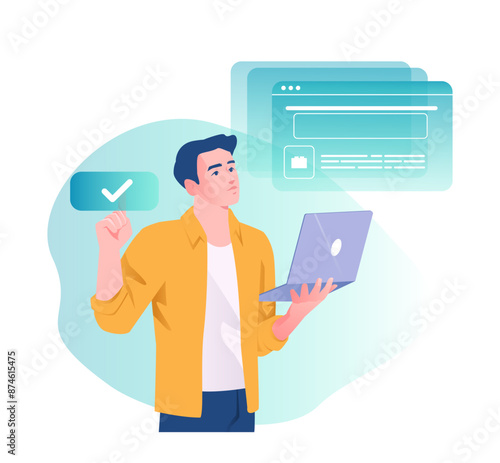 Software developer. Programmer or engineer optimizes application or website. Male tester corrects errors in program code of digital product. Cartoon vector illustration isolated on white background