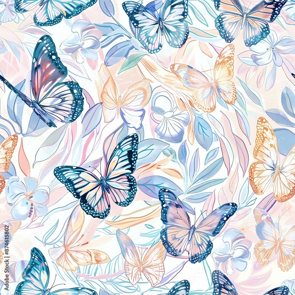 Fototapeta premium Detailed Butterfly and Floral Repeat Wallpaper